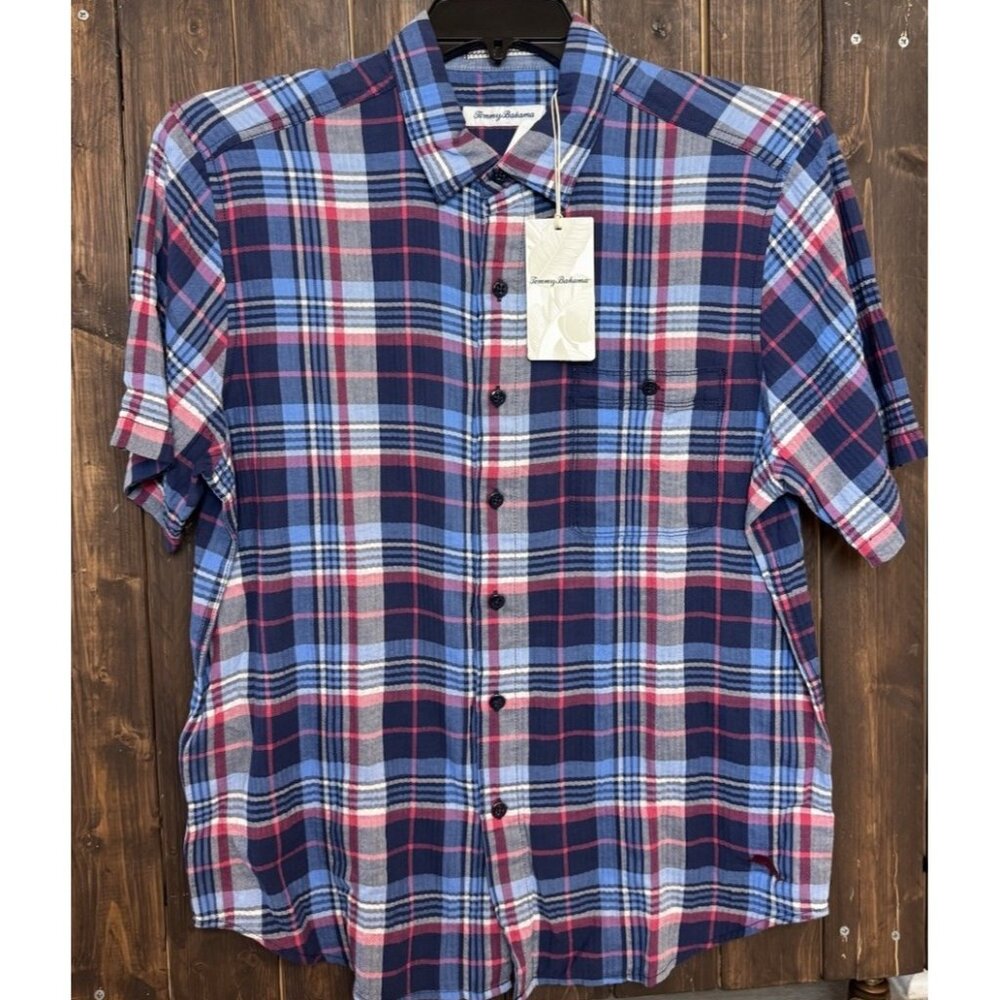TOMMY BAHAMA Medium Plaid Camp Shirt Beachside Summertime Island Navy NEW $118